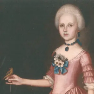 painting of a girl in colonial dress holding a bird on one outstretched hand