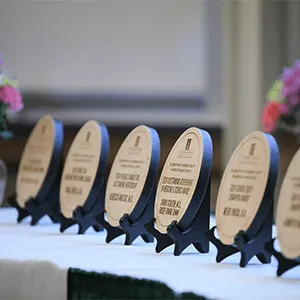 circular wooden awards plaques on a table