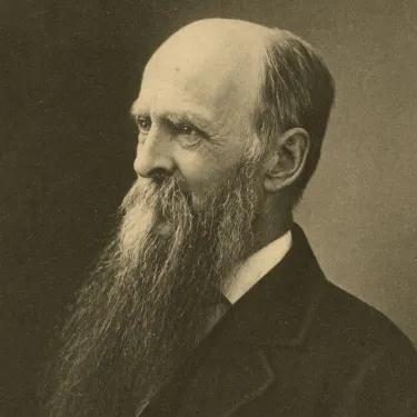 an older Cyrus Pringle with long hair and mustache, bald head, gazes into the distance