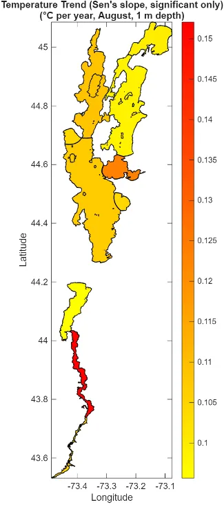 Temperature change analysis of Lake Champlain by lake segments. Colder temperatures concentrated in northern segments, while warmer temperatures are concentrated in southern segments.