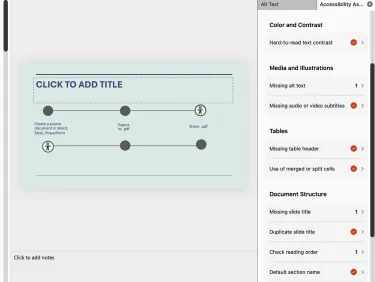 Screenshot of a Powerpoint file with the Accessibility Assistant dialogue panel