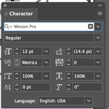 Screenshot of an Adobe InDesign document's language-setting panel