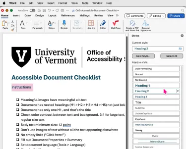 Screenshot of a Word document with the Styles pane open, text highlighted, and heading 2 chosen