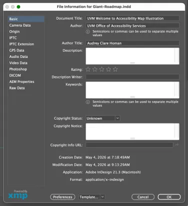 Screenshot of an Adobe InDesign document with title, author, and author title information