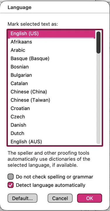 Screenshot of a Word document's language-setting panel