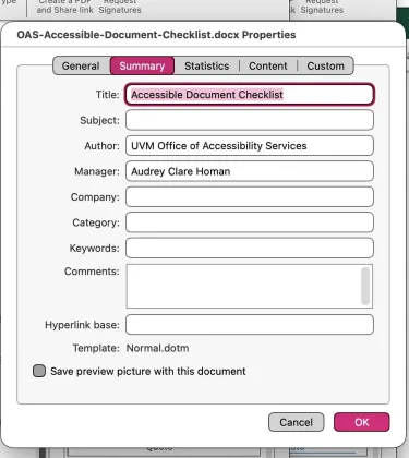 Screenshot of the Document Properties Summary in Microsoft Word, showing a title, author, and manager