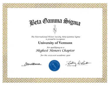 The certificate that designates Grossman School of Business a Beta Gamma Sigma Highest Honors Chapter