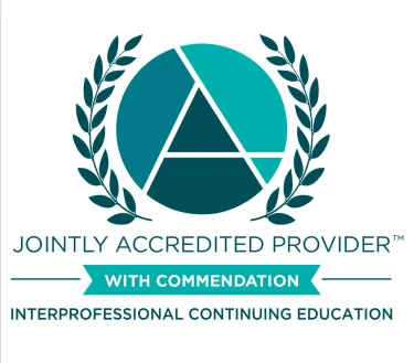 Logo for a Jointly Accredited Provider with Commendation in Interprofessional Continuing Education. The design features a teal and dark blue accreditation emblem composed of a stylized triangular "A" within a circle, framed by laurel branches on both sides. Below the emblem, the text reads "Jointly Accredited Provider™" above a teal ribbon containing the words "With Commendation." The bottom line reads "Interprofessional Continuing Education."