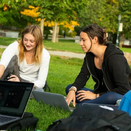 Students sitting outside working on laptops