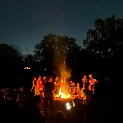 people around a bonfire at night