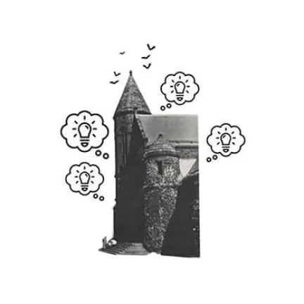  A black and white image of Billings Library at the University of Vermont, surrounded by thought bubbles containing lightbulbs.