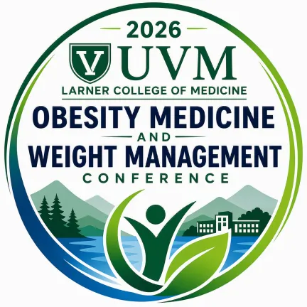Circular logo for UVM Obesity and Weight Management Conference with nature landscape. 