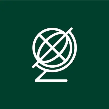 A white vector image of a globe over a dark green background.