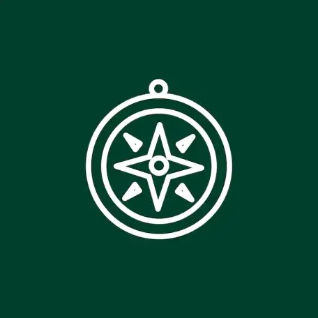 A white vector image of a compass over a dark green background.
