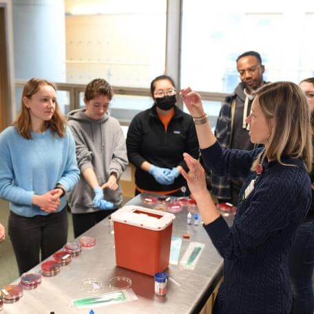 A group of students in lab session to practice bacterial identification testing techniques. 