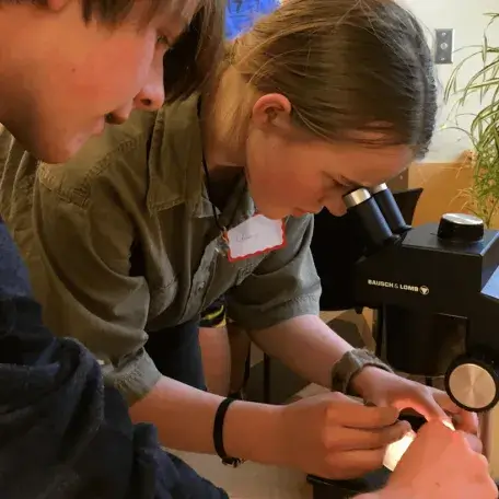 2 youths at a microscope