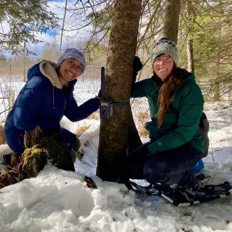 Students placing a camera on a tree at Joe's pond.