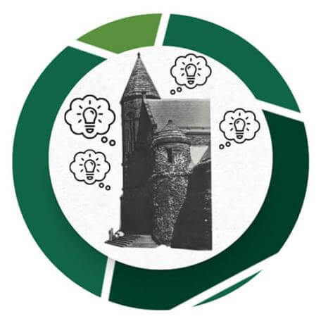  A circular logo with a black and white image of Billings Library at the University of Vermont in the center. The image is surrounded by several cartoon thought bubbles with lightbulbs inside, representing ideas. The logo has a dark green outer ring with lighter green segments.