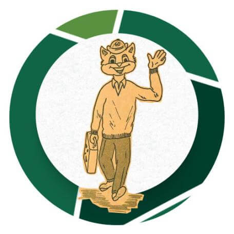  A circular logo featuring a cartoon cat mascot, Charlie Cat, wearing a sweater, pants, and a hat with the number 60 on it. He is waving with his left hand and holding a briefcase in his right. 