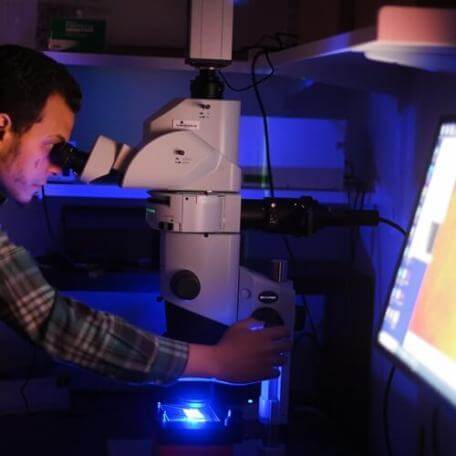 person looking into a large imaging instrument