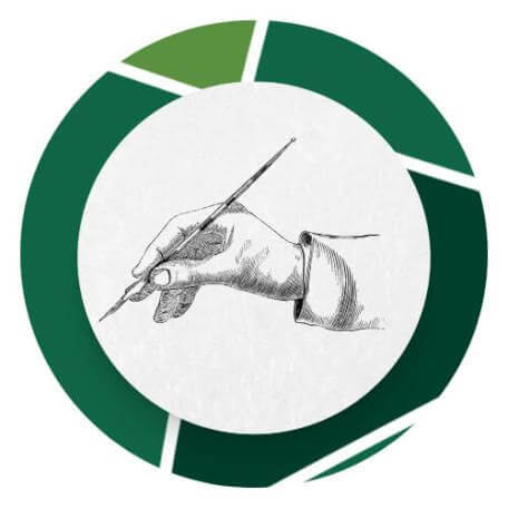 A circular logo featuring a detailed, black-and-white line drawing of a person's hand holding a pen, poised to write. 