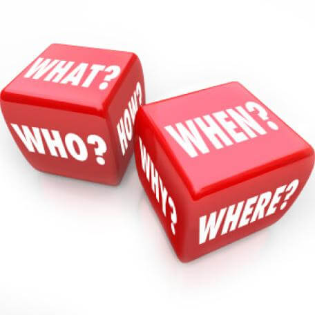 Red pair of dice printed with what, who, when, how, why