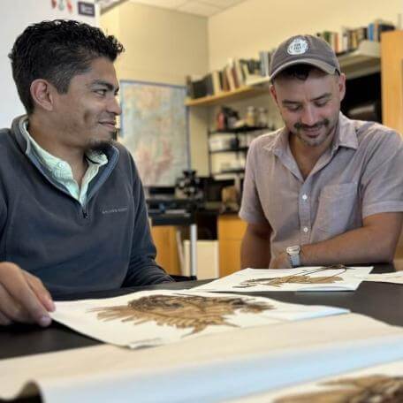 Curator and student examine plant specimens