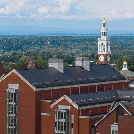 campus buildings and beyond to the lake and mountains