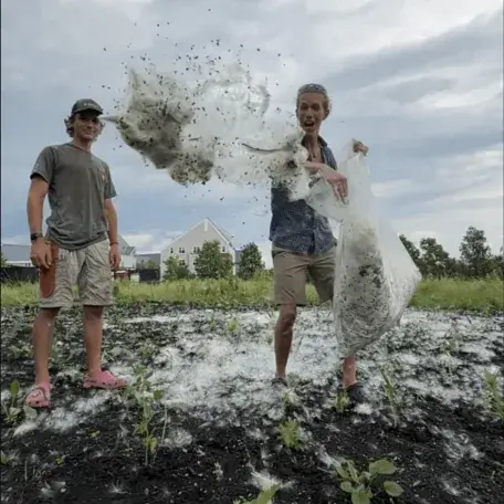 Gavin Young spreading milkweed as part of a meadow restoration project with the UVM Gardens Horticultural Internship