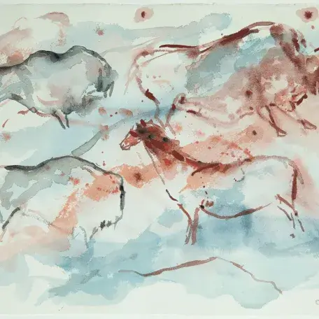 Sketched forms of a bulls and horses on a color wash of blues and browns. Artwork by Elaine De Kooning. 