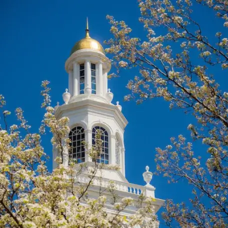 White steeple with gold dome against a blue sky.