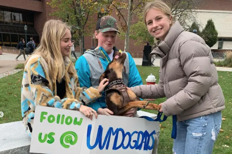 three students gathered on the UVM campus petting a puppy.