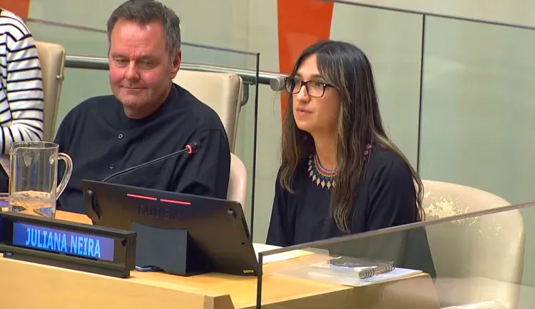 UVM and Gund Institute graduate student Juliana Neira speaking at the United Nations