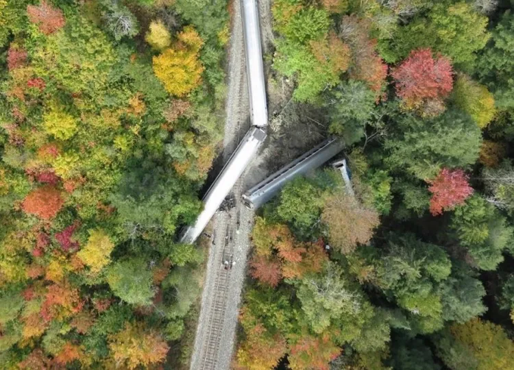 Aerial image of a train derailment in Vermont