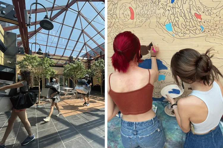 Side-by-side photos of Davis Hall atrium from different perspectives