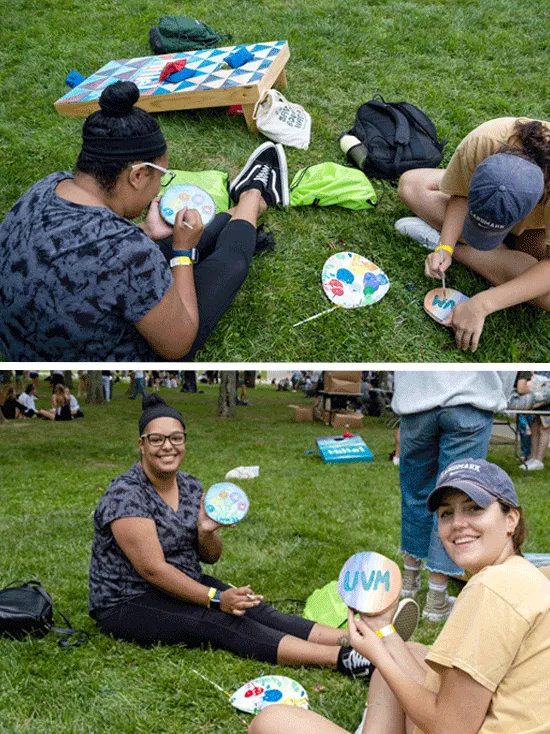 Collage of two students sitting in the grass and painting wooden plaques