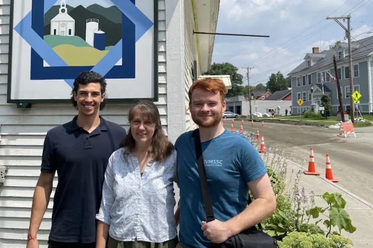 Matt Levy '25 and Bryce Hird '23 with Lor Augustyniak in Cabot, Vt.