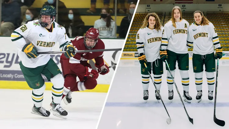 Men's hockey protects a goal (left), women's hockey players pose for a shot (right)