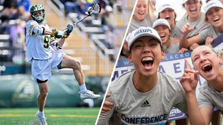 Men's lacross player tosses a ball (left), women's lacross players celebrate a win (right)