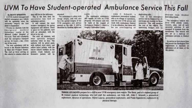 Old newspaper clipping of an article about UVM Rescue.