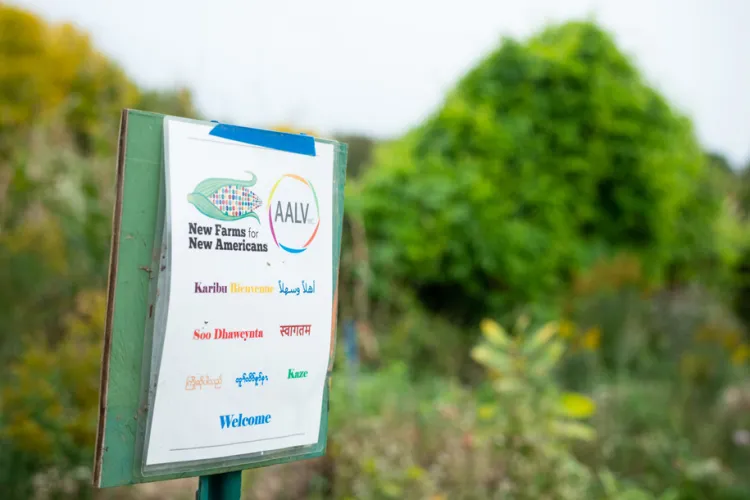 AALV's welcome sign in different languages to New Farms for New Americans