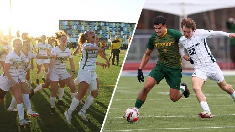 Women's Soccer Team celebrates (left), men's soccer team kicks a ball (right)