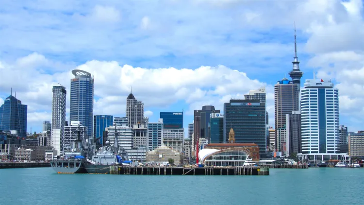 Auckland, New Zealand harbor and city skyline.