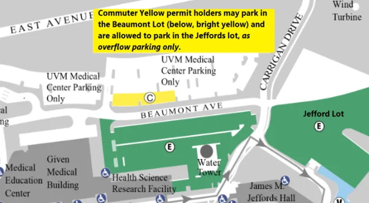 A map showing the Beaumont parking lot for 3rd and 4th year med students at UVM