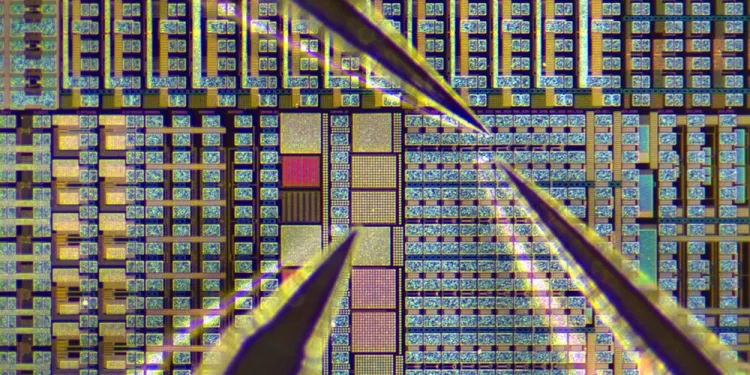 Magnified view of semiconductor wafer taken from probe equipment