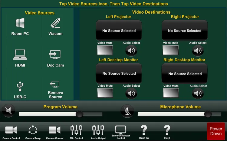 Crestron "Sources" and "Destinations" screen