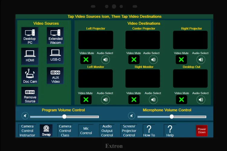 Extron panel showing selections