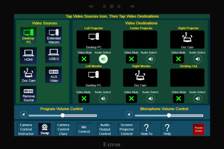 Extron panel showing selections