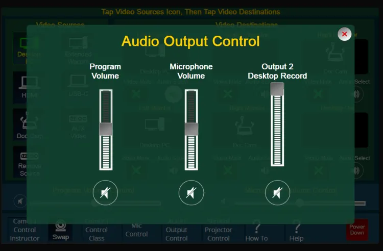 Extron panel showing audio output selections