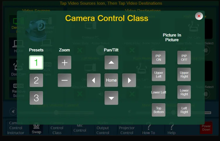 Extron panel showing class camera selections